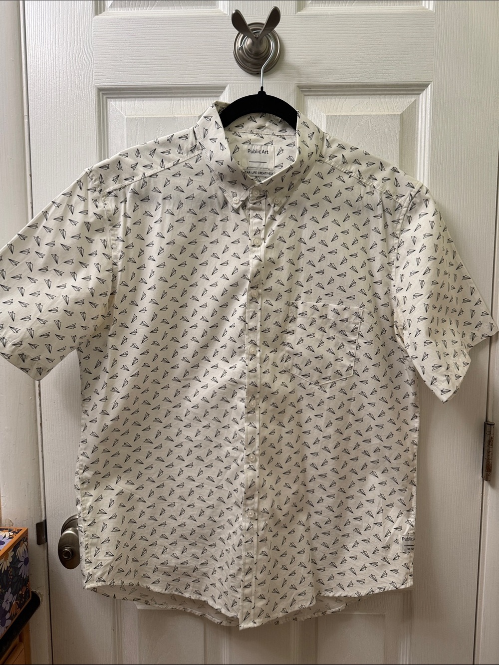 White Short-Sleeve Button-Down Shirt with Navy Plane Print